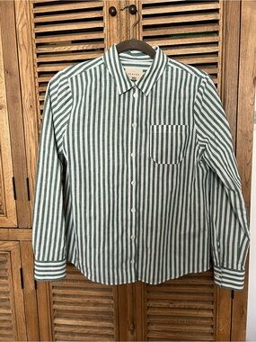 Sézane Tomboy Shirt Ecru Green Stripes Cotton Linen Size 36 US 4 Button Down